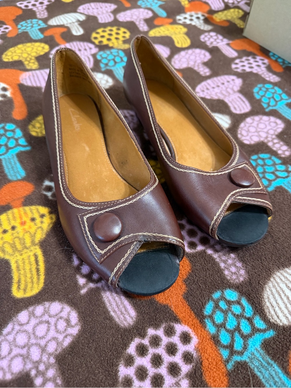 Clarks Brown Leather Peep-Toe Flats with Button Accent